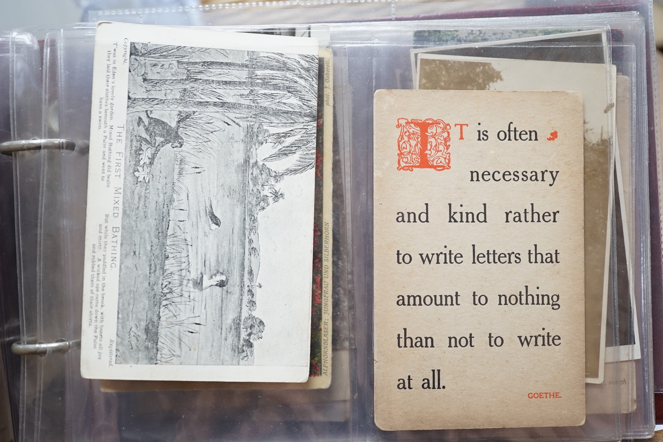 A box of postcards and cigarette cards in two albums and loose topographical including Isle of Wight